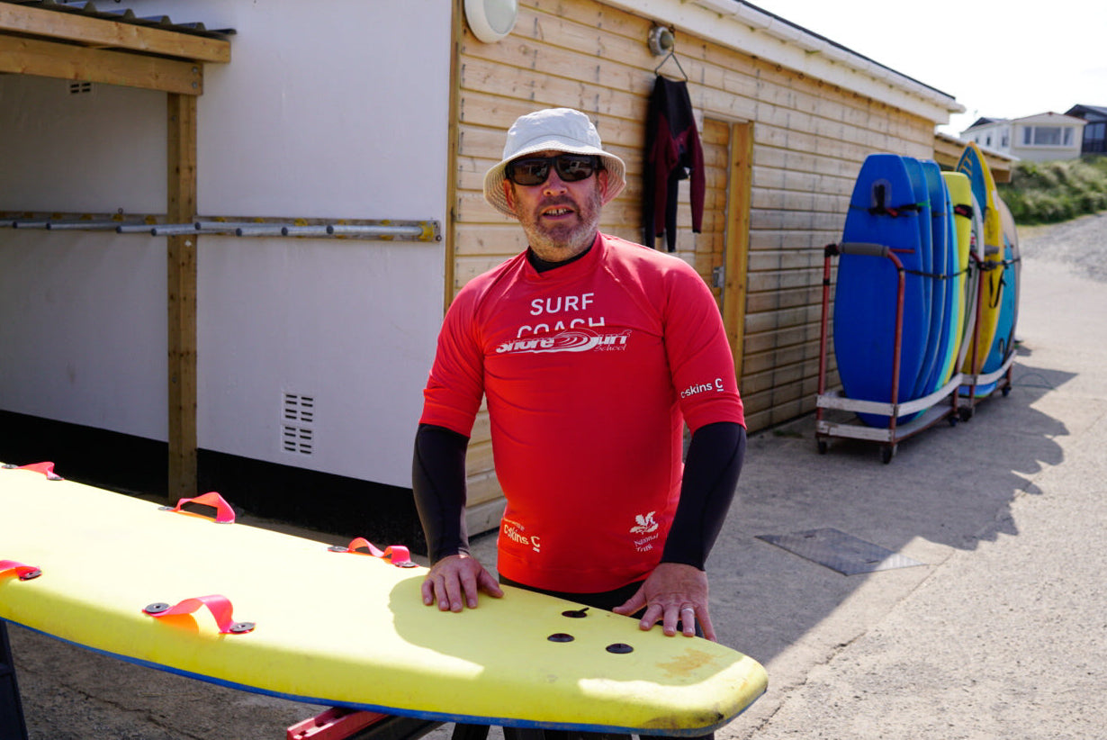 Man in a red shirt and wetsuit standing next to a yellow surfboard with surfboards in the background.